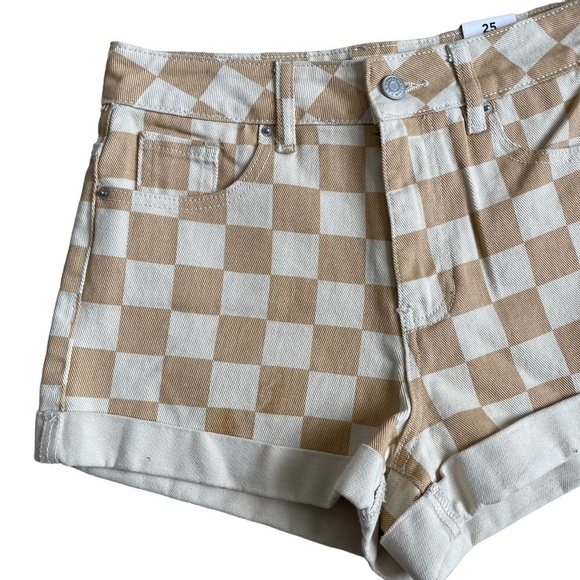 PacSun Women’s Checkerboard Mom Shorts Size 25 Tan Checker Denim High Waist - Picture 5 of 11